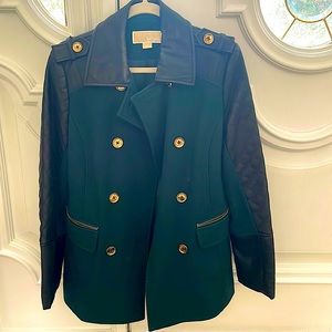 Michael Kors green faux leather sleeve wool pea coat